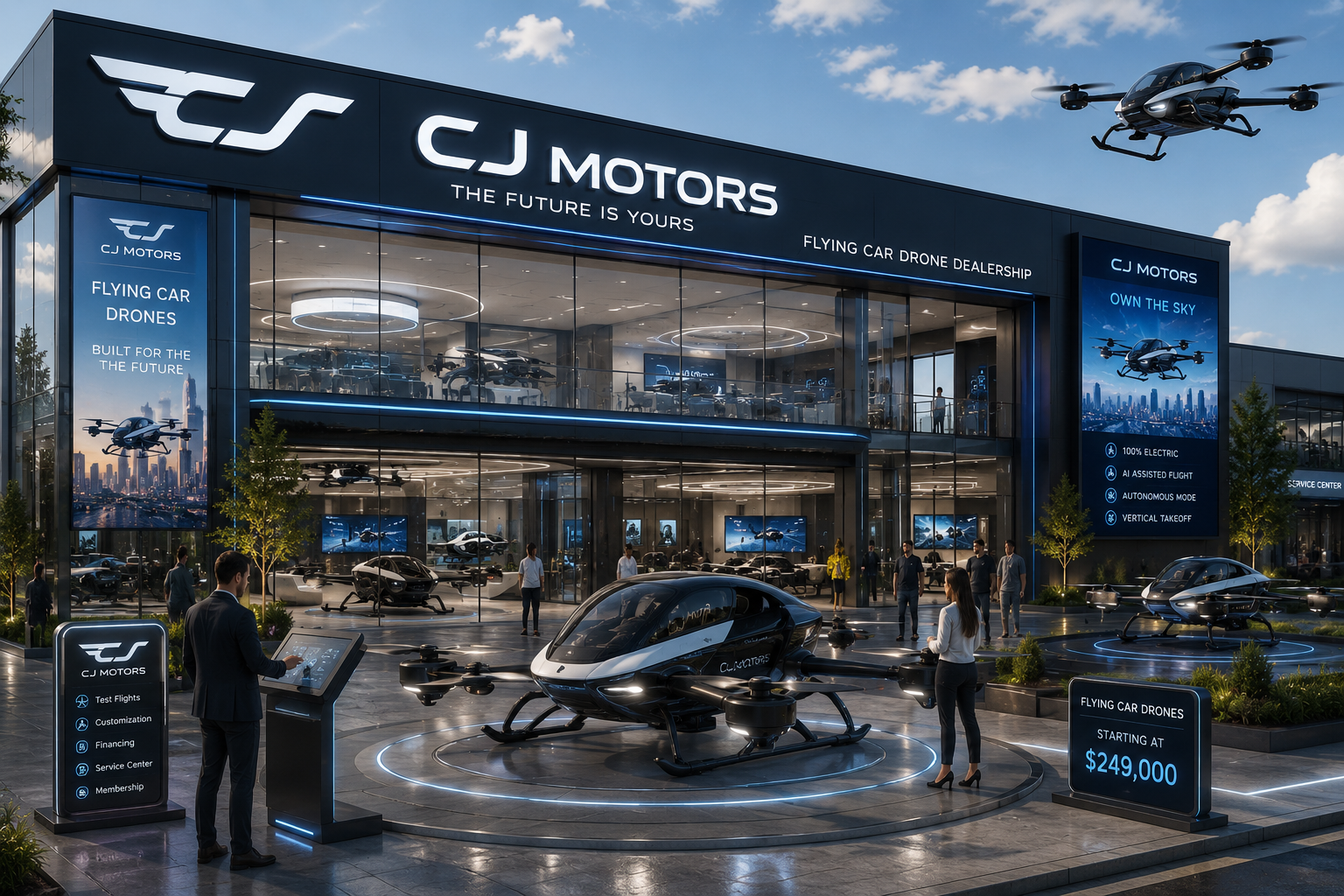 CJ Motors flying car dealership pop-up showroom