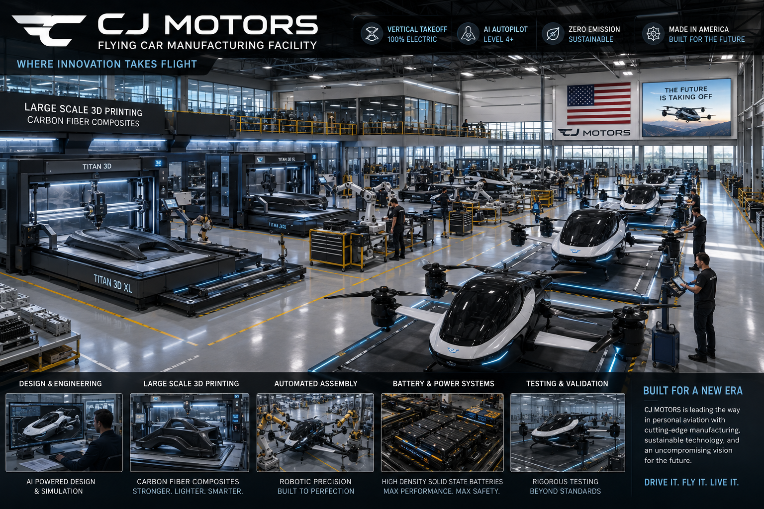 CJ Motors flying car manufacturing facility, live build-floor demo