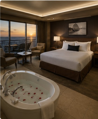 Grand Casino Suite with jetted tub and sunset ocean view