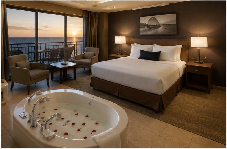Grand Casino Suite with jetted tub and sunset ocean view